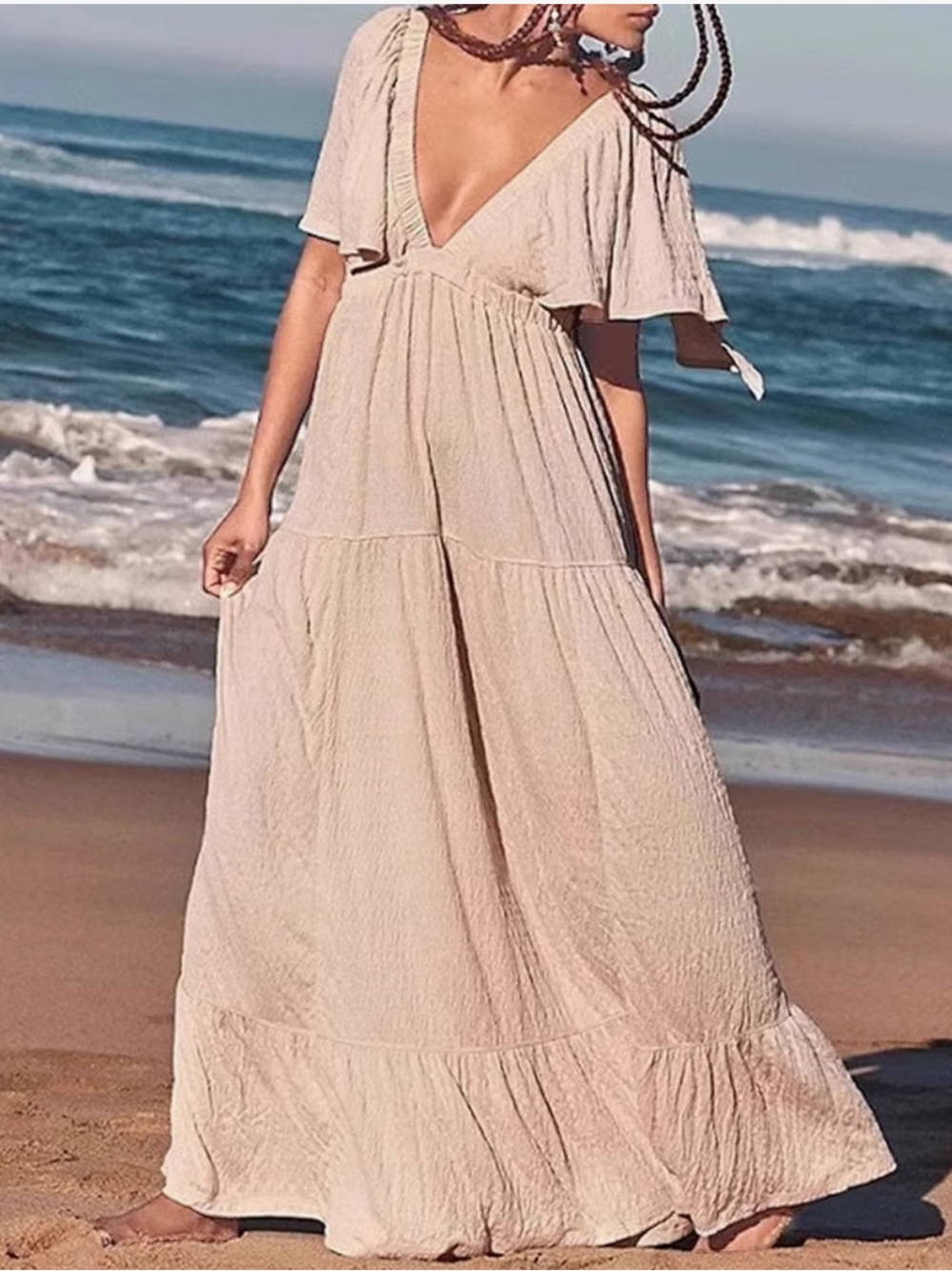 Taupe Tiered Flutter Sleeves Flowy V Neck Textured Maxi Dress